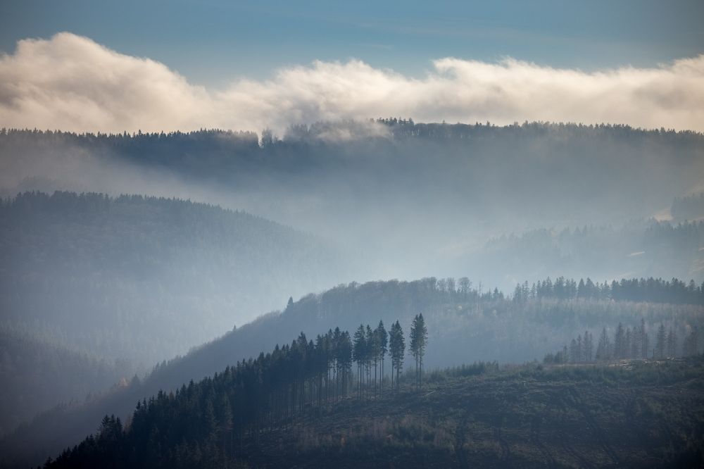 Schmallenberg aus der Vogelperspektive: Wetterlage mit schichtartiger Nebel- Bedeckung über einem Waldgebiet in Schmallenberg im Bundesland Nordrhein-Westfalen, Deutschland
