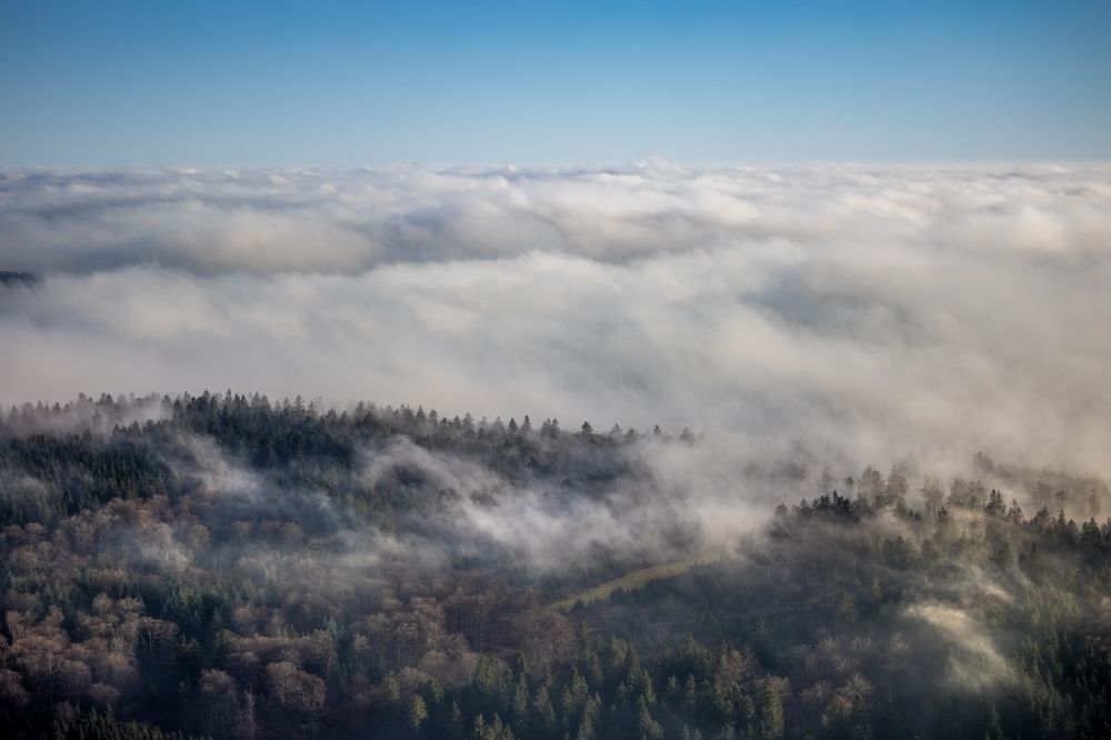 Luftaufnahme Lengenbeck - Wetterlage mit schichtartiger Nebel- Bedeckung über Waldgebieten in Lengenbeck im Bundesland Nordrhein-Westfalen, Deutschland