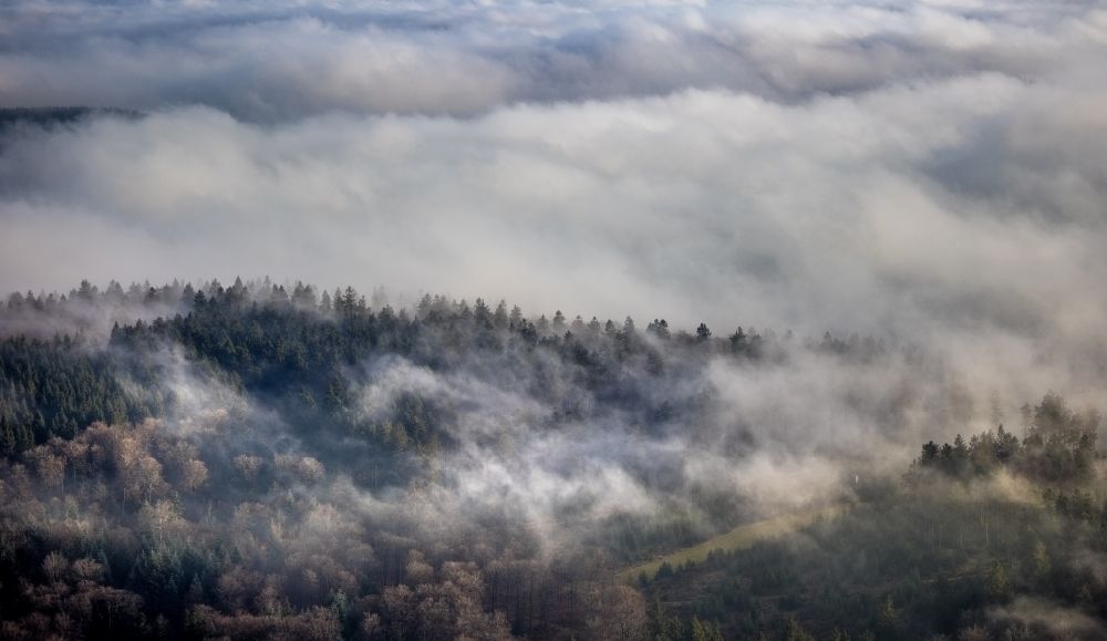 Lengenbeck von oben - Wetterlage mit schichtartiger Nebel- Bedeckung über Waldgebieten in Lengenbeck im Bundesland Nordrhein-Westfalen, Deutschland