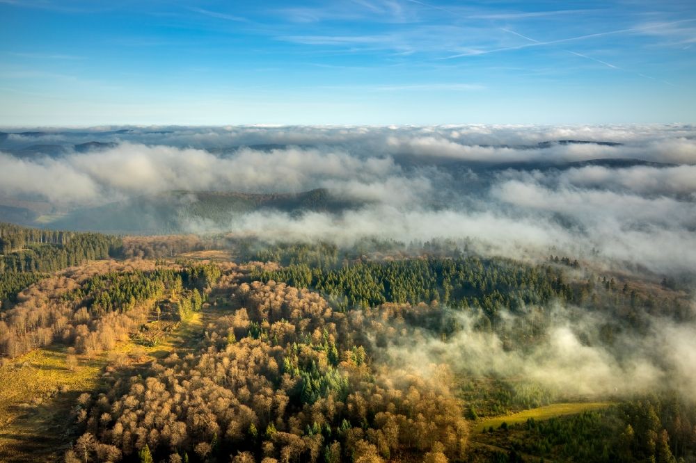 Luftbild Lengenbeck - Wetterlage mit schichtartiger Nebel- Bedeckung über Waldgebieten in Lengenbeck im Bundesland Nordrhein-Westfalen, Deutschland