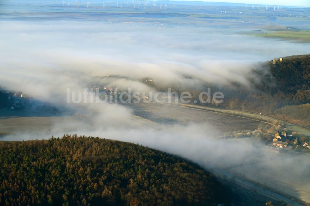 Luftbild Oldisleben - Wetterlage mit schichtartiger Nebel- Bedeckung über Waldgebieten in Oldisleben im Bundesland Thüringen, Deutschland