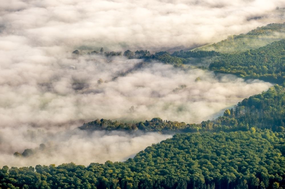 Luftaufnahme Dassel - Wetterlage mit schichtartiger Nebel- Bedeckung an einem Waldgebiet in Dassel im Bundesland Niedersachsen, Deutschland