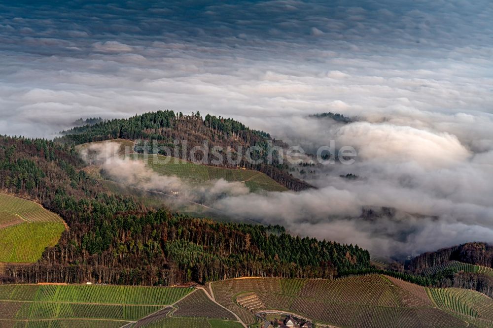 Luftbild Durbach - Wetterlage mit schichtartiger Nebel- Bedeckung in den Weinbergen bei in Durbach im Bundesland Baden-Württemberg, Deutschland