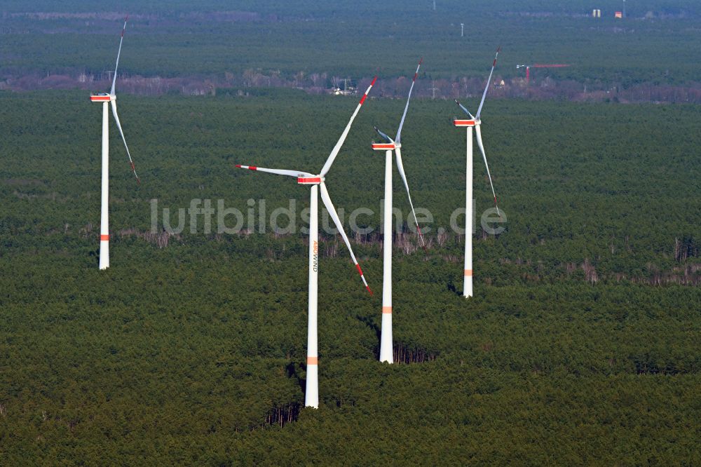 Spreenhagen aus der Vogelperspektive: Windenergieanlage in einem Wald in Spreenhagen im Bundesland Brandenburg, Deutschland