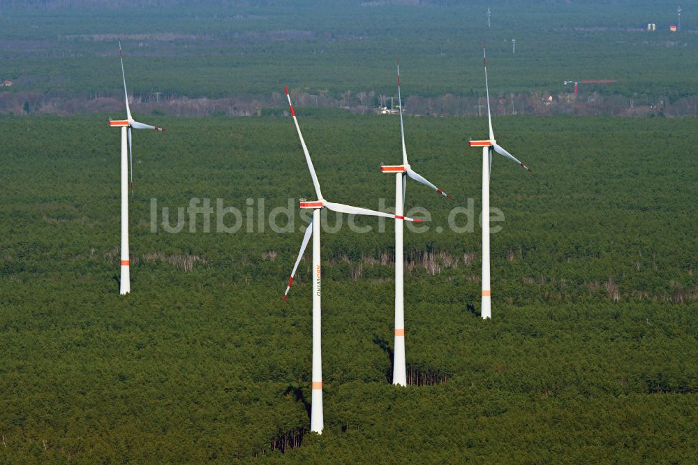 Luftbild Spreenhagen - Windenergieanlage in einem Wald in Spreenhagen im Bundesland Brandenburg, Deutschland