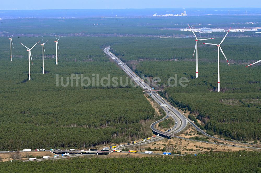 Luftaufnahme Spreenhagen - Windenergieanlage in einem Wald in Spreenhagen im Bundesland Brandenburg, Deutschland