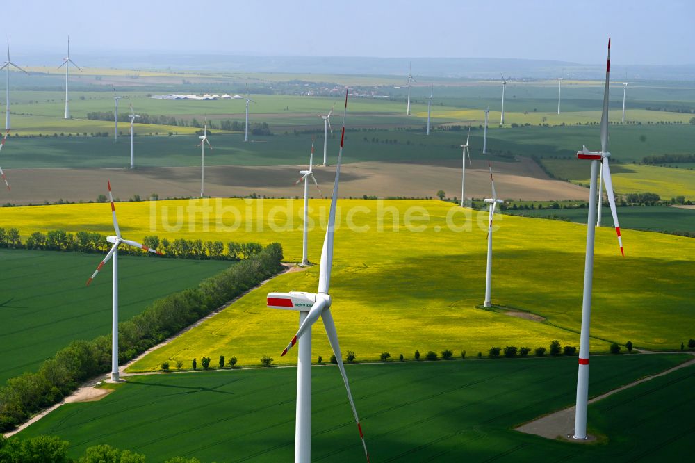 Luftaufnahme Freist - Windenergieanlagen (WEA) auf einem Feld in Freist im Bundesland Sachsen-Anhalt, Deutschland