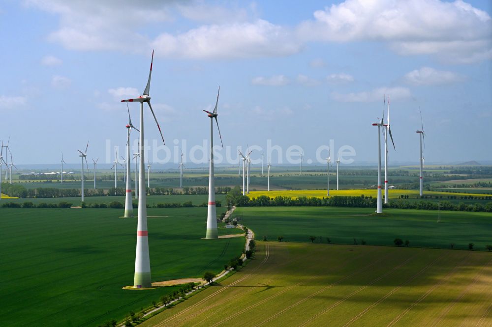 Luftbild Freist - Windenergieanlagen (WEA) auf einem Feld in Freist im Bundesland Sachsen-Anhalt, Deutschland