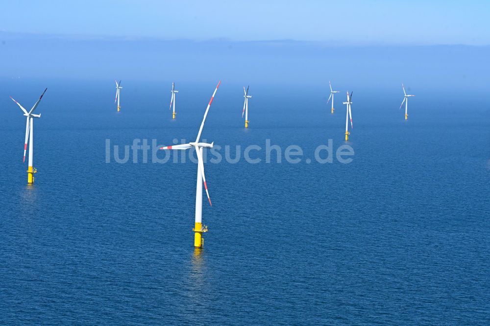 Zingst aus der Vogelperspektive: Windenergieanlagen (WEA) des Offshore-Windpark EnBW Baltic 1 auf der Wasseroberfläche der Ostsee in Zingst im Bundesland Mecklenburg-Vorpommern, Deutschland