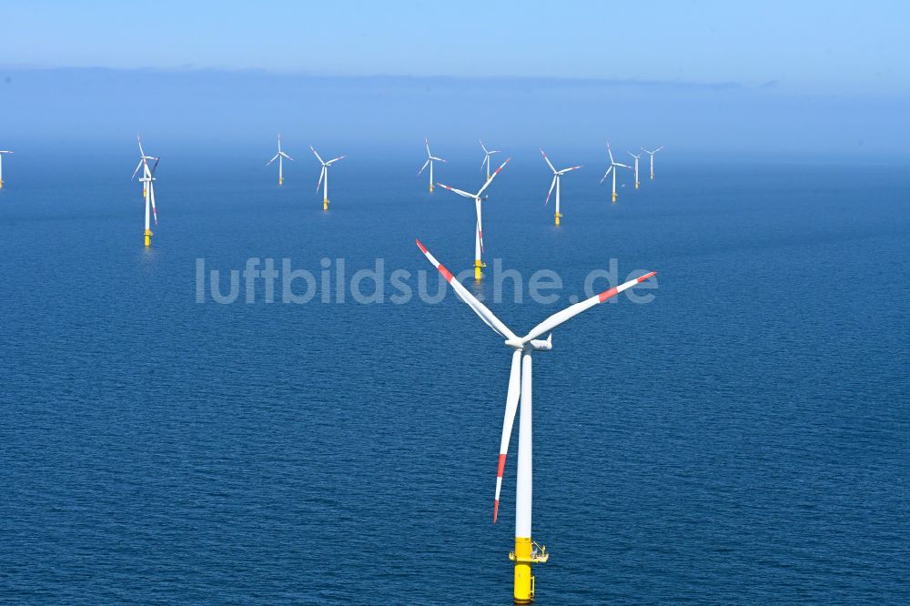 Zingst von oben - Windenergieanlagen (WEA) des Offshore-Windpark EnBW Baltic 1 auf der Wasseroberfläche der Ostsee in Zingst im Bundesland Mecklenburg-Vorpommern, Deutschland