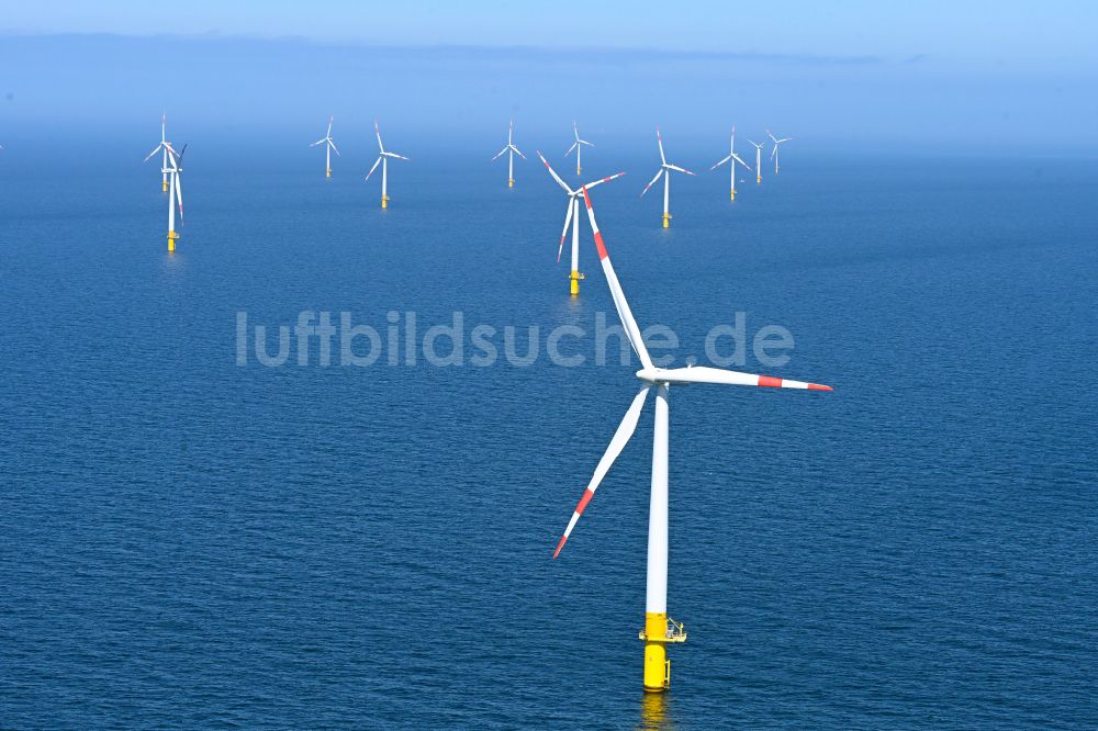 Zingst aus der Vogelperspektive: Windenergieanlagen (WEA) des Offshore-Windpark EnBW Baltic 1 auf der Wasseroberfläche der Ostsee in Zingst im Bundesland Mecklenburg-Vorpommern, Deutschland