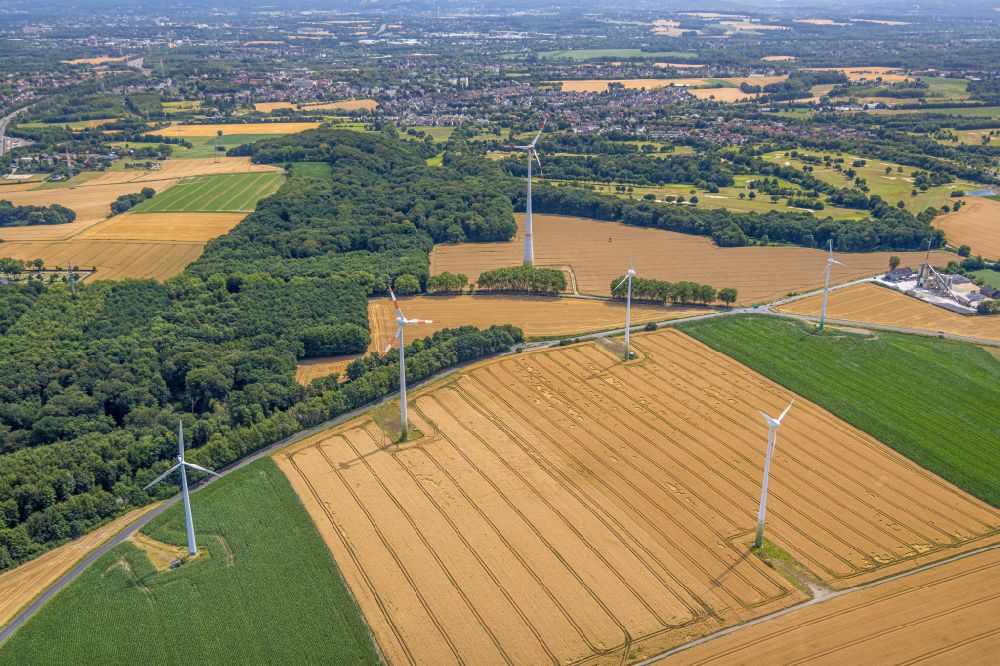 Castrop-Rauxel aus der Vogelperspektive: Windenergieanlagen (WEA) - Windrad- auf einem Feld in Castrop-Rauxel im Bundesland Nordrhein-Westfalen, Deutschland