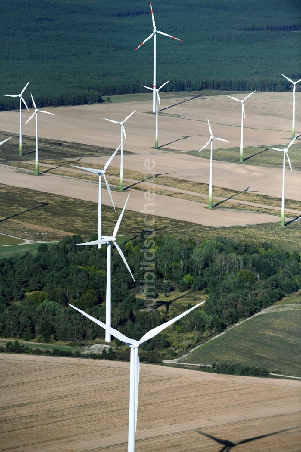 Danna von oben - Windenergieanlagen (WEA) - Windrad- auf einem Feld in Danna im Bundesland Brandenburg, Deutschland