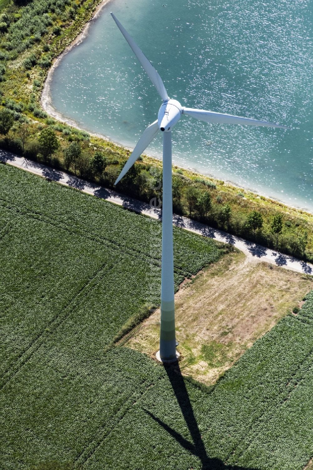 Luftaufnahme Emmerich am Rhein - Windenergieanlagen (WEA) - Windrad- auf einem Feld an einem Baggersee in Emmerich am Rhein im Bundesland Nordrhein-Westfalen, Deutschland