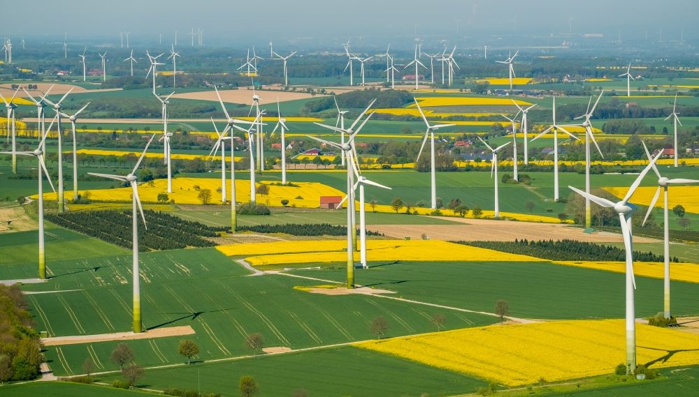 Rüthen aus der Vogelperspektive: Windenergieanlagen (WEA) - Windrad- auf einem gelben Raps- Feld in Rüthen im Bundesland Nordrhein-Westfalen, Deutschland