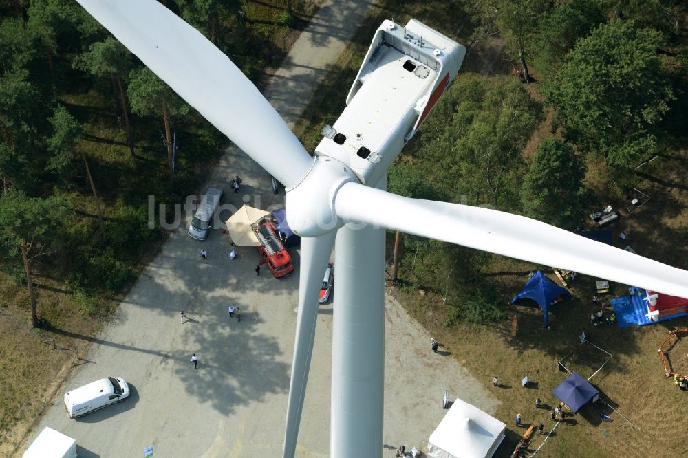 Sallgast von oben - Windkraftanlage über dem Eröffnungsfest des Wald- Windparks Göllnitz-Lieskau-Rehain in Sallgast im Bundesland Brandenburg