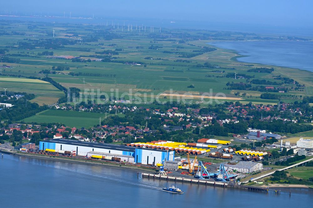 Luftbild Nordenham - Windrad- Montage und Produktionsstätte Steelwind Nordenham am Ufer der Weser in Nordenham im Bundesland Niedersachsen, Deutschland