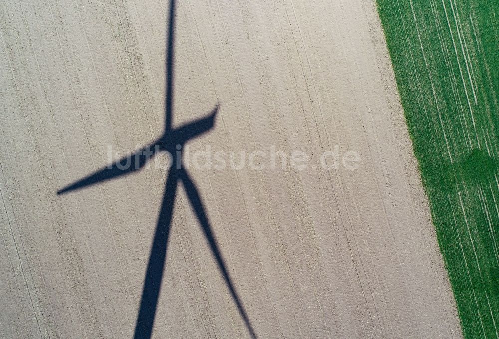 Sieversdorf von oben - Windrad- Schatten auf einem Feld in Sieversdorf im Bundesland Brandenburg, Deutschland