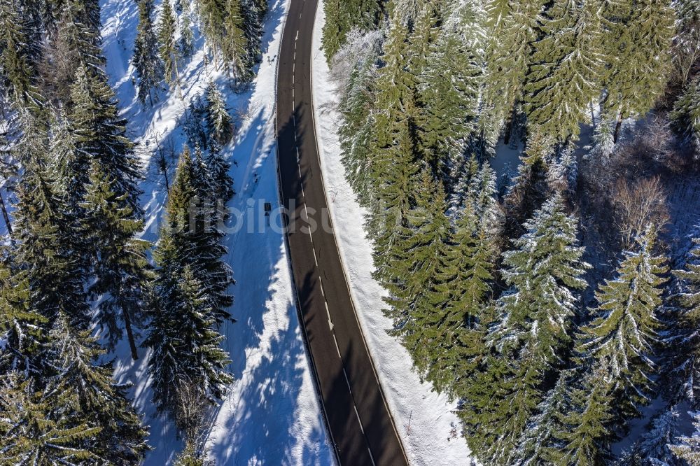 Seebach aus der Vogelperspektive: Winterlich schneebedeckte Baumspitzen in einem Waldgebiet Hornisgrinde in Seebach im Bundesland Baden-Württemberg
