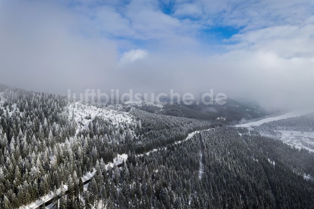 Seebach aus der Vogelperspektive: Winterlich schneebedeckte Baumspitzen in einem Waldgebiet in Seebach im Bundesland Baden-Württemberg