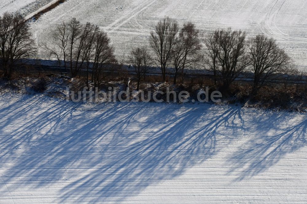 Luftaufnahme Roskow - Winterlich schneebedeckte Reihen mit Spargel- Anbau auf Feld- Flächen mit Bewässerungsgraben und Baumreihen, die lange Schatten werfen und Meloration in Roskow im Bundesland Brandenburg