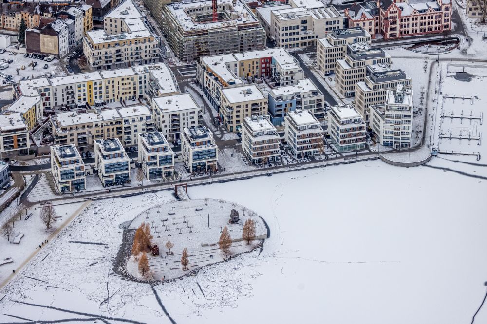 Luftbild Dortmund - Winterluftbild Baum- Insel auf dem zugefrorenen Phoenix See in Dortmund im Bundesland Nordrhein-Westfalen, Deutschland
