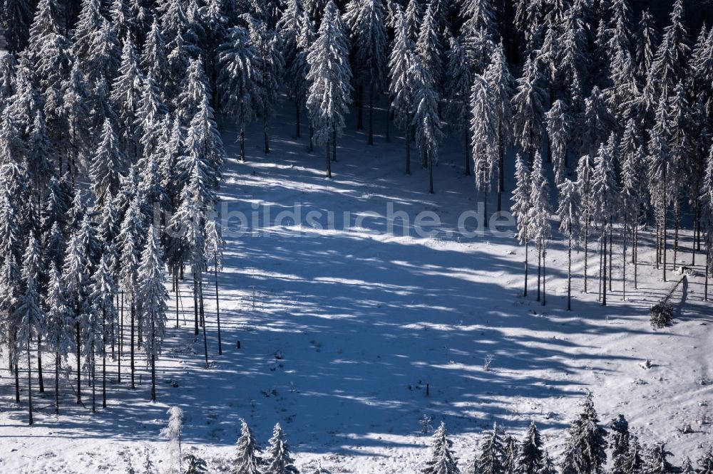 Luftaufnahme Burkardroth - Winterluftbild Baumspitzen in einem Waldgebiet mit Wiese und Lichtung in Burkardroth im Bundesland Bayern, Deutschland