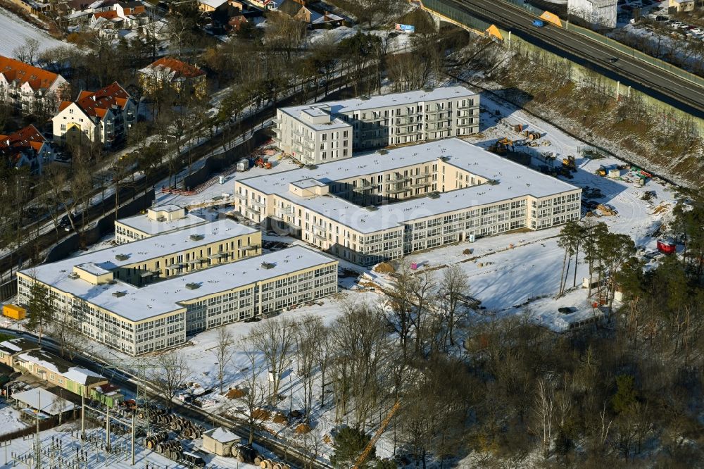 Luftbild Bernau - Winterluftbild Baustelle zum Neubau einer Mehrfamilienhaus-Wohnanlage Waldquartier in Bernau im Bundesland Brandenburg, Deutschland