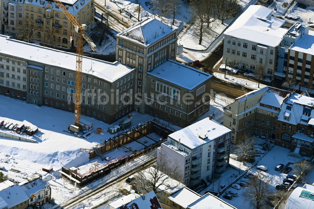 Luftbild Rostock - Winterluftbild Baustelle zum Neubau eines Wohnhauses Am Güterbahnhof in Rostock im Bundesland Mecklenburg-Vorpommern, Deutschland