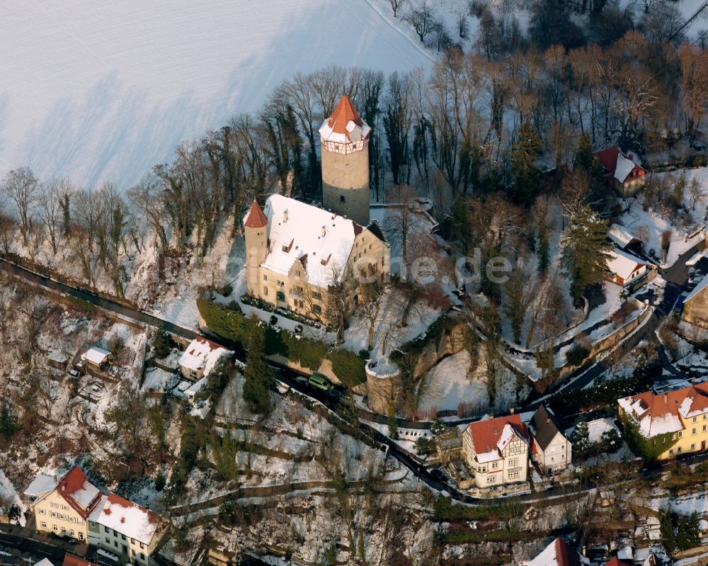 Möckmühl aus der Vogelperspektive: Winterluftbild Burg Burg Möckmühl in Möckmühl im Bundesland Baden-Württemberg, Deutschland
