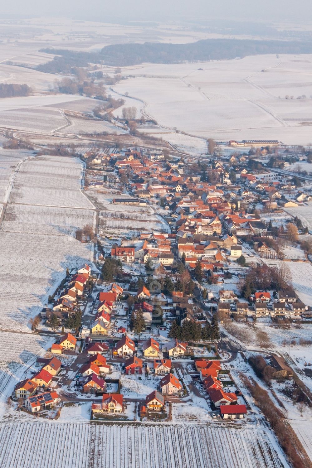 Luftaufnahme Niederhorbach - Winterluftbild Dorf - Ansicht am Rande von Feldern in Niederhorbach im Bundesland Rheinland-Pfalz, Deutschland