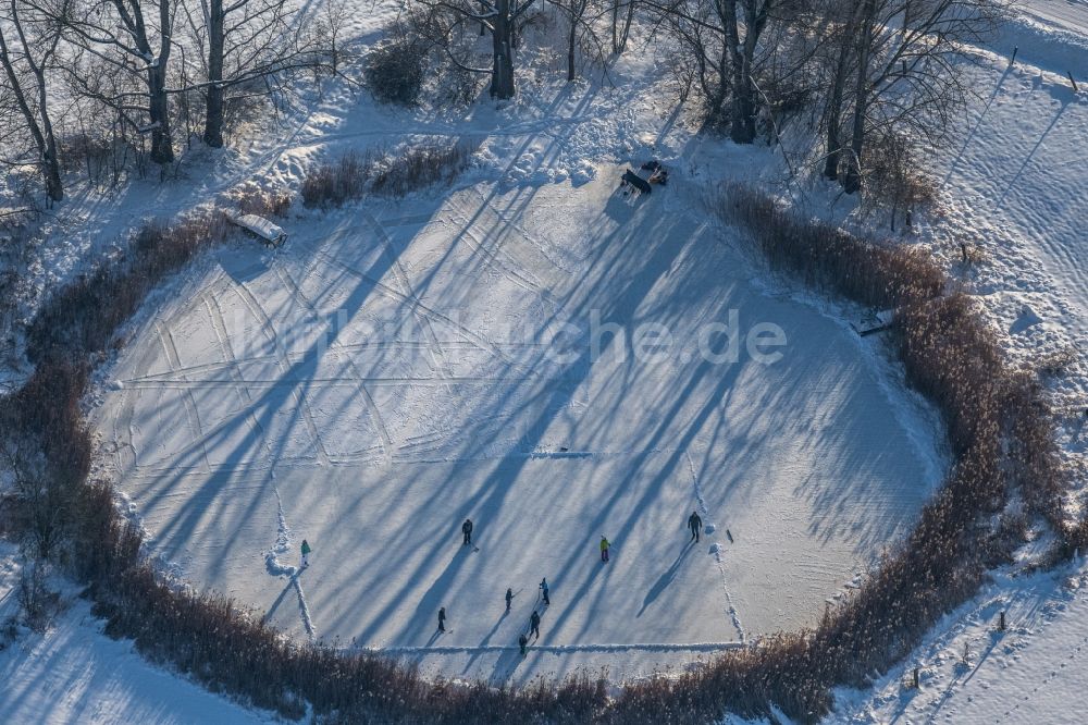 Südharz aus der Vogelperspektive: Winterluftbild Eis- Spaziergänger auf dem zugefrorenen Seeoberfläche Der kleine See mit Eishockey - Spielern in Südharz im Bundesland Sachsen-Anhalt, Deutschland