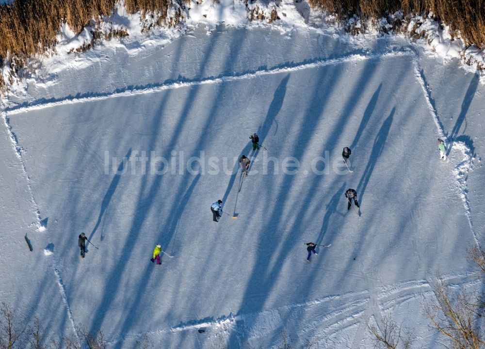 Luftaufnahme Südharz - Winterluftbild Eis- Spaziergänger auf dem zugefrorenen Seeoberfläche Der kleine See mit Eishockey - Spielern in Südharz im Bundesland Sachsen-Anhalt, Deutschland