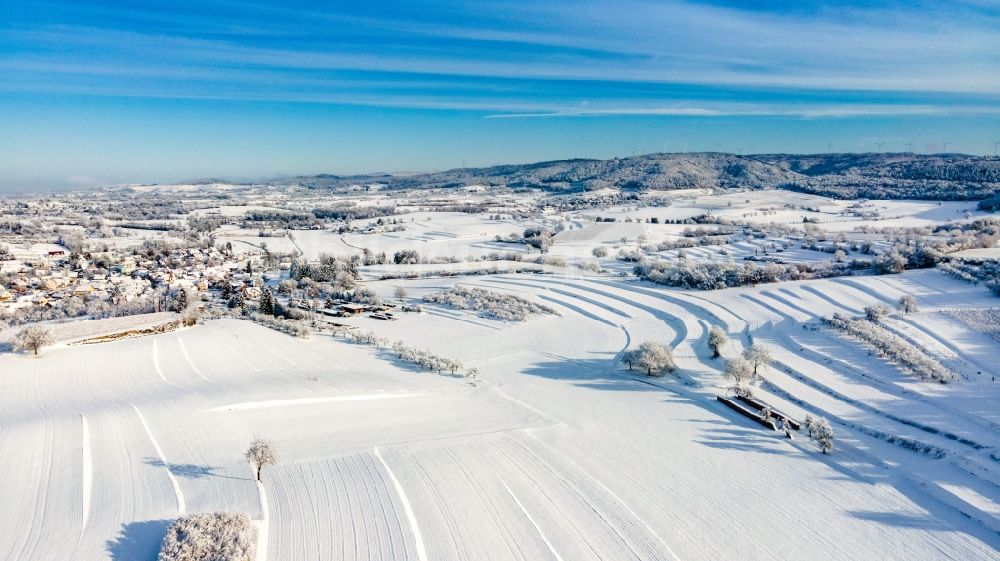 Ettenheim aus der Vogelperspektive: Winterluftbild Felder und angrenzende Waldgebiete in Ettenheim im Bundesland Baden-Württemberg, Deutschland