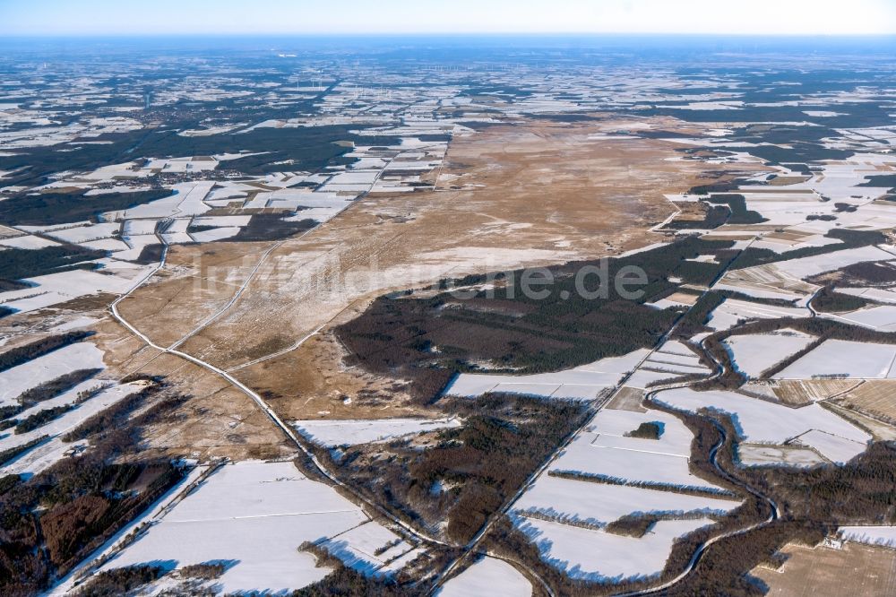 Stavern von oben - Winterluftbild Felder und angrenzende Waldgebiete in Stavern im Bundesland Niedersachsen, Deutschland