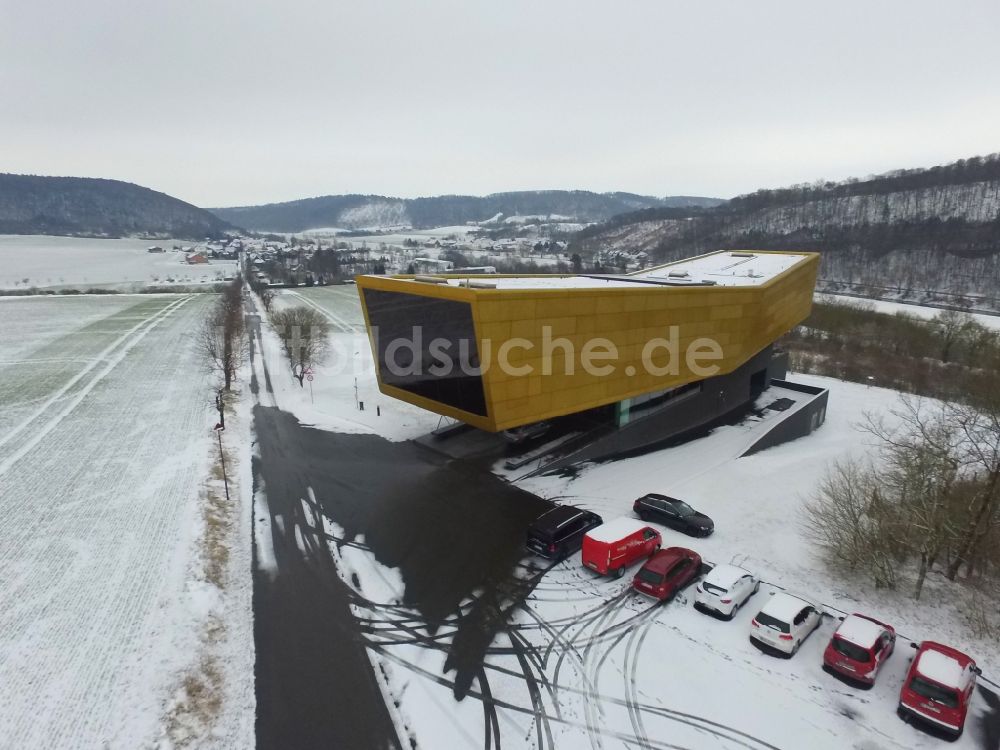 Nebra (Unstrut) aus der Vogelperspektive: Winterluftbild Gebäude des Besucherzentrums Arche - Himmelsscheibe von Nebra in Nebra (Unstrut) im Bundesland Sachsen-Anhalt