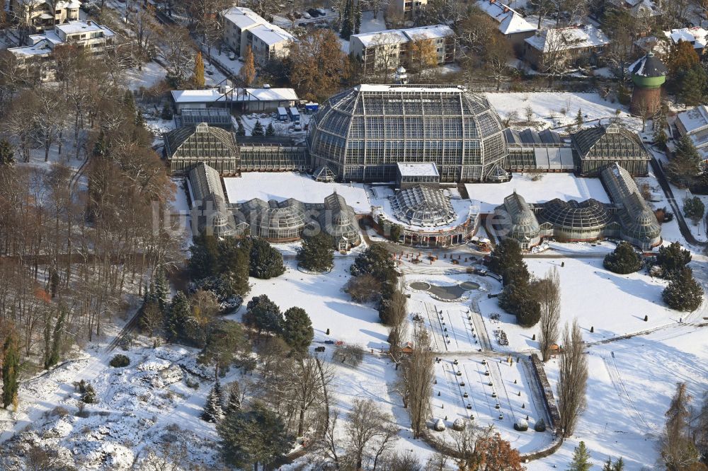Luftaufnahme Berlin - Winterluftbild Hauptgebäude und Gewächshäuser- Komplex im Botanischen Garten Berlin-Dahlem in Berlin