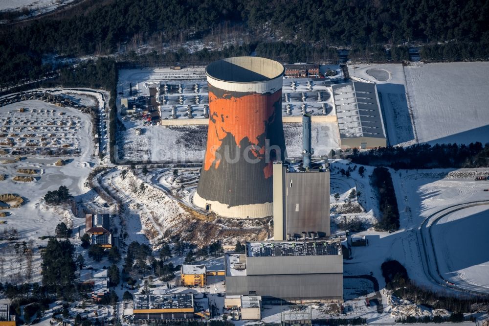 Luftaufnahme Meppen - Winterluftbild Kühlturm auf dem Gelände des ehemaligen Kraftwerk Meppen-Hüntel in Niedersachsen