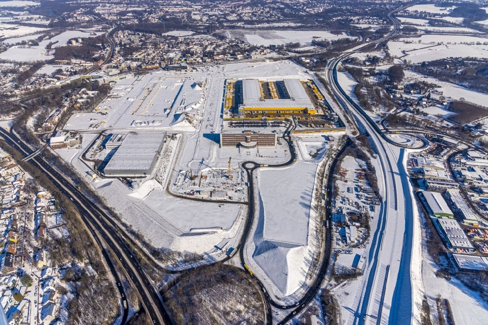 Luftbild Bochum - Winterluftbild Neubau eines DHL- Hub- Gebäudekomplexes auf dem Gelände des Logistikzentrums im Entwicklungsgebiet MARK 51°7 in Bochum im Bundesland Nordrhein-Westfalen, Deutschland
