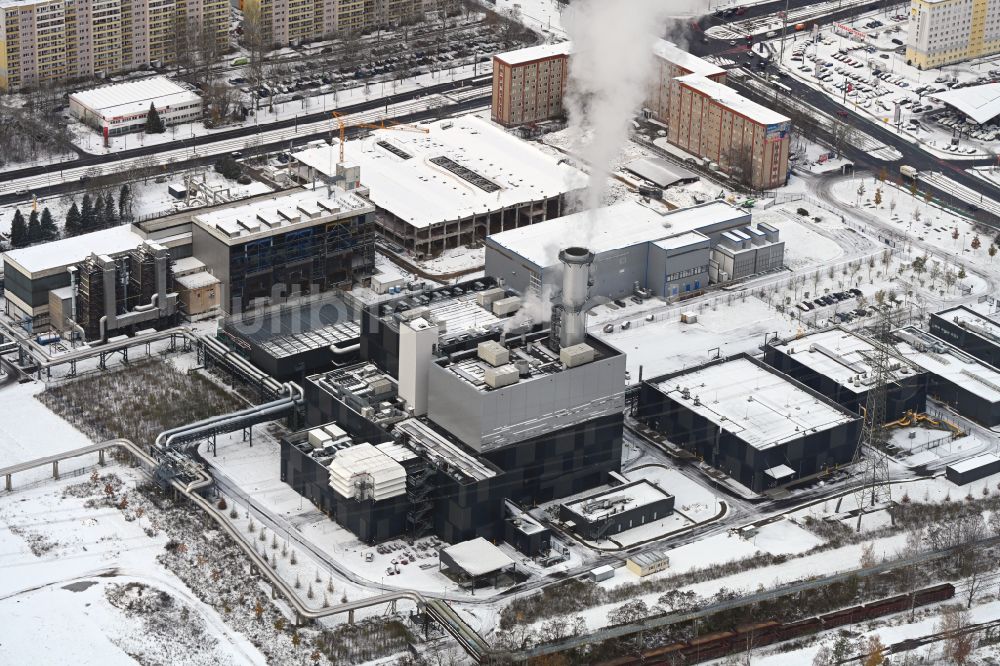 Berlin von oben - Winterluftbild Neubau des Heizkraftwerkes - Kraft-Wärme-Kopplungsanlage im Ortsteil Marzahn in Berlin, Deutschland