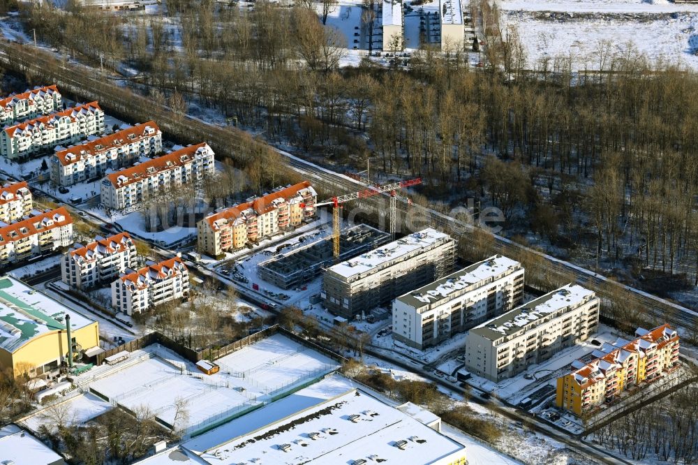 Luftbild Bernau - Winterluftbild Neubau- Wohngebiet einer Reihenhaus- Siedlung Am Mahlbusen in Bernau im Bundesland Brandenburg, Deutschland
