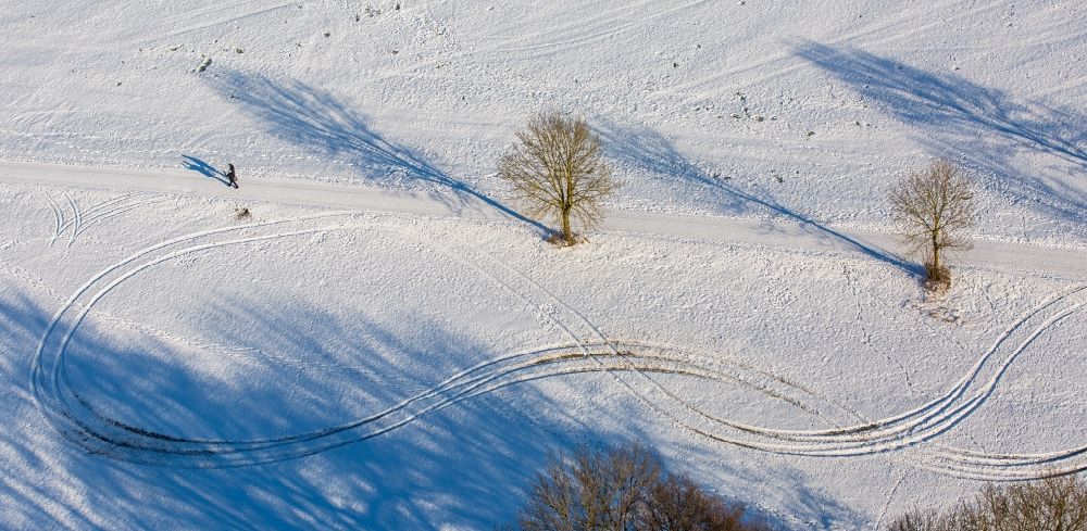 Luftaufnahme Arnsberg - Winterluftbild Strukturen auf landwirtschaftlichen Feldern durch Schatten spendende Spaziergänger mit Schlitten im Ortsteil Holzen in Arnsberg im Bundesland Nordrhein-Westfalen