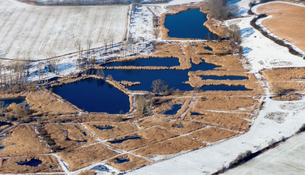 Luftbild Mühlenbecker Land - Winterluftbild Uferbereiche des Teichanlagen zur Fischzucht Schönerlinder Teiche in Mönchmühle im Bundesland Brandenburg