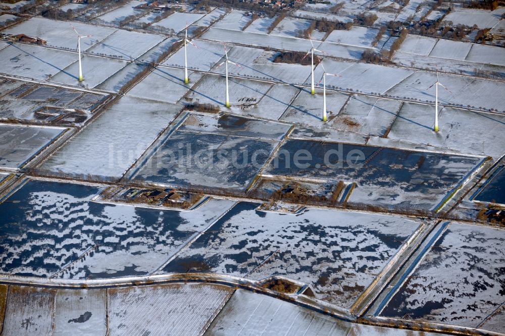 Luftbild Westoverledingen - Winterluftbild Uferbereiche der Teichanlagen zur Fischzucht in Westoverledingen im Bundesland Niedersachsen, Deutschland