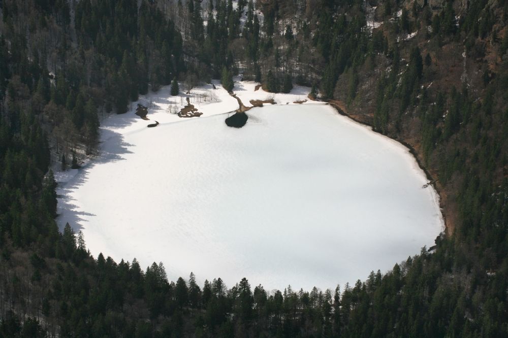 Hinterzarten von oben - Winterluftbild Uferbereiche des zugefrorenen Sees Feldsee in Feldberg im Schwarzwald im Bundesland Baden-Württemberg