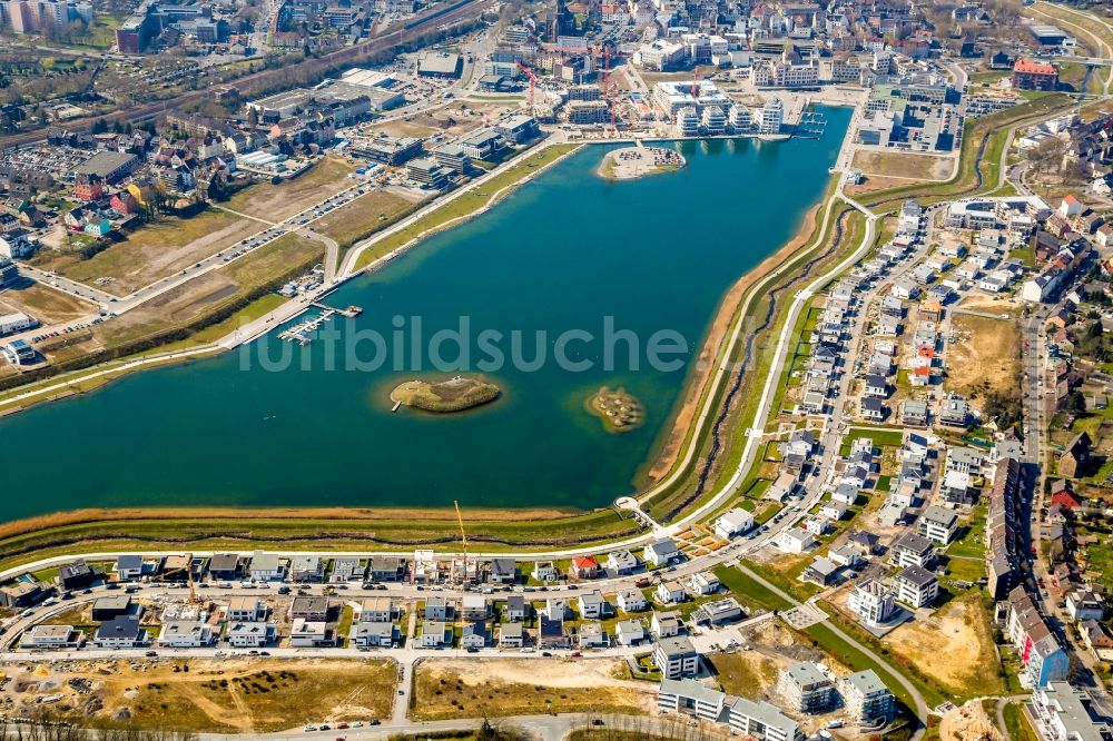 Luftaufnahme Dortmund - Wohngebiet der Mehrfamilienhaussiedlung An den Emscherauen am Phoenix See in Dortmund im Bundesland Nordrhein-Westfalen, Deutschland