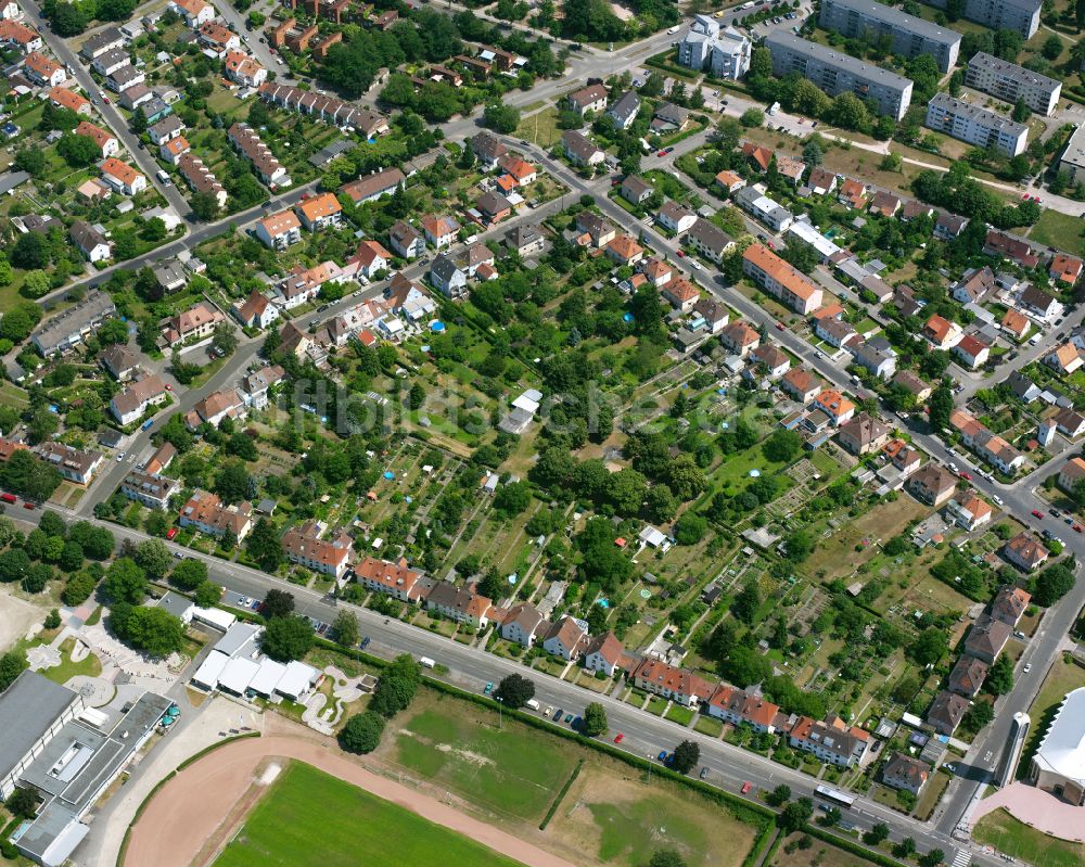 Karlsruhe aus der Vogelperspektive: Wohngebiet der Mehrfamilienhaussiedlung mit Gärten in Karlsruhe im Bundesland Baden-Württemberg, Deutschland