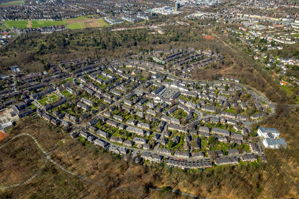 Luftaufnahme Essen - Wohngebiet der Mehrfamilienhaussiedlung Margarethenhöhe in Essen im Bundesland Nordrhein-Westfalen