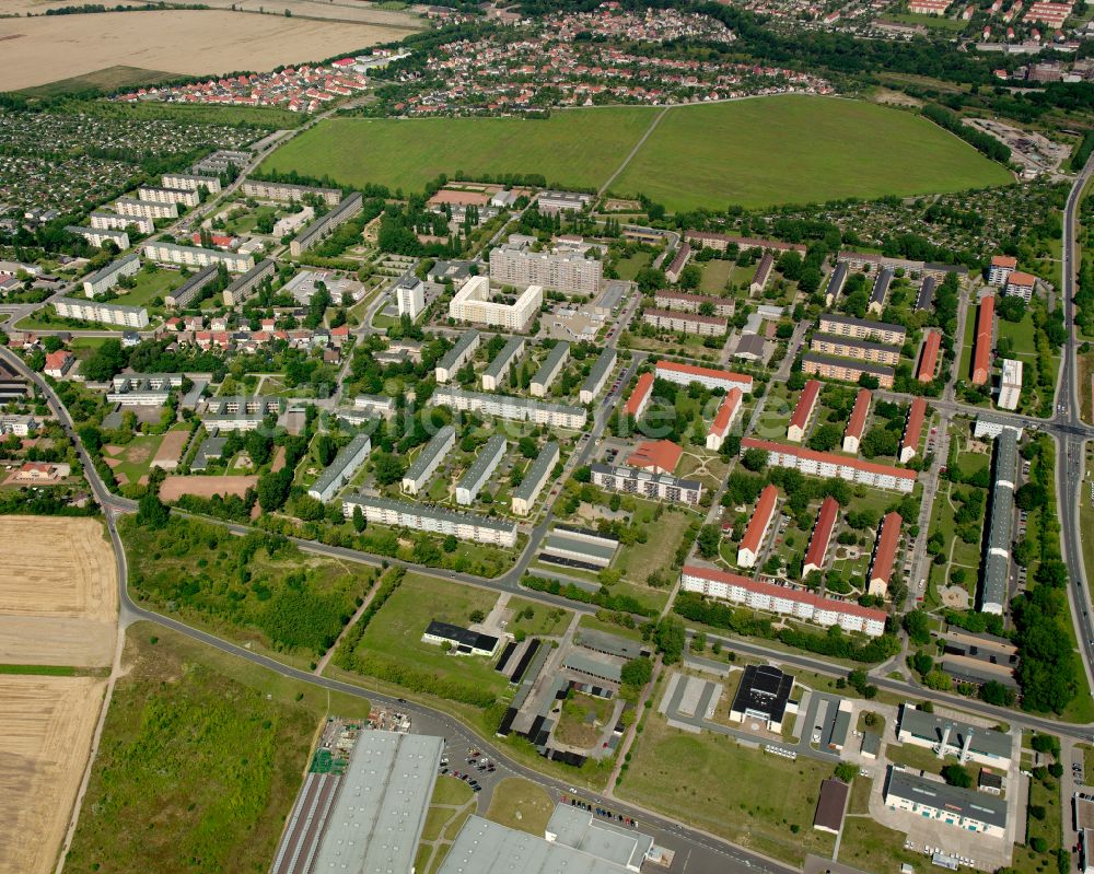 Luftaufnahme Riesa - Wohngebiet einer Reihenhaus- Siedlung in Riesa im Bundesland Sachsen, Deutschland