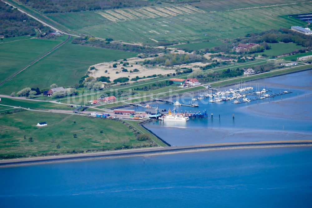 Luftbild Langeoog - Yachthafen mit Sportboot- Anlegestellen und Bootsliegeplätzen am Uferbereich am Küstenbereich der Nordsee in Langeoog im Bundesland Niedersachsen, Deutschland